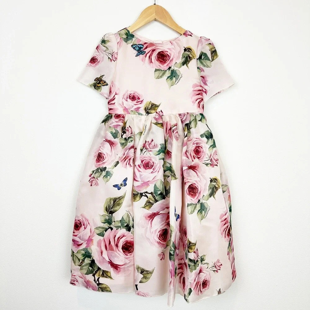 Dolce & Gabbana Girls Pink Rose Butterfly Farfalle Silk Dress Size 7/8